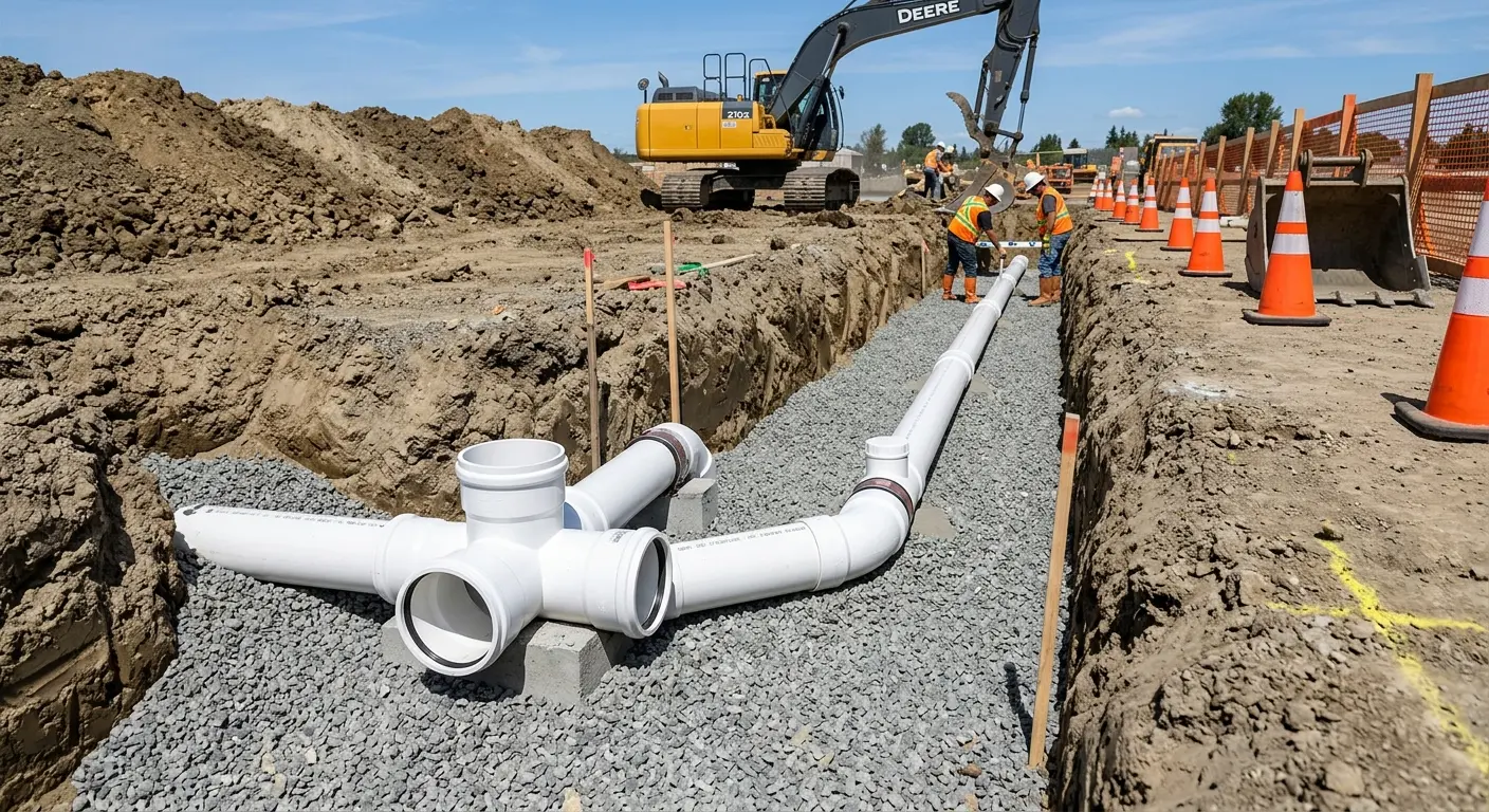 New PVC sewer pipe installation in open trench for Sewer Backup in Graham