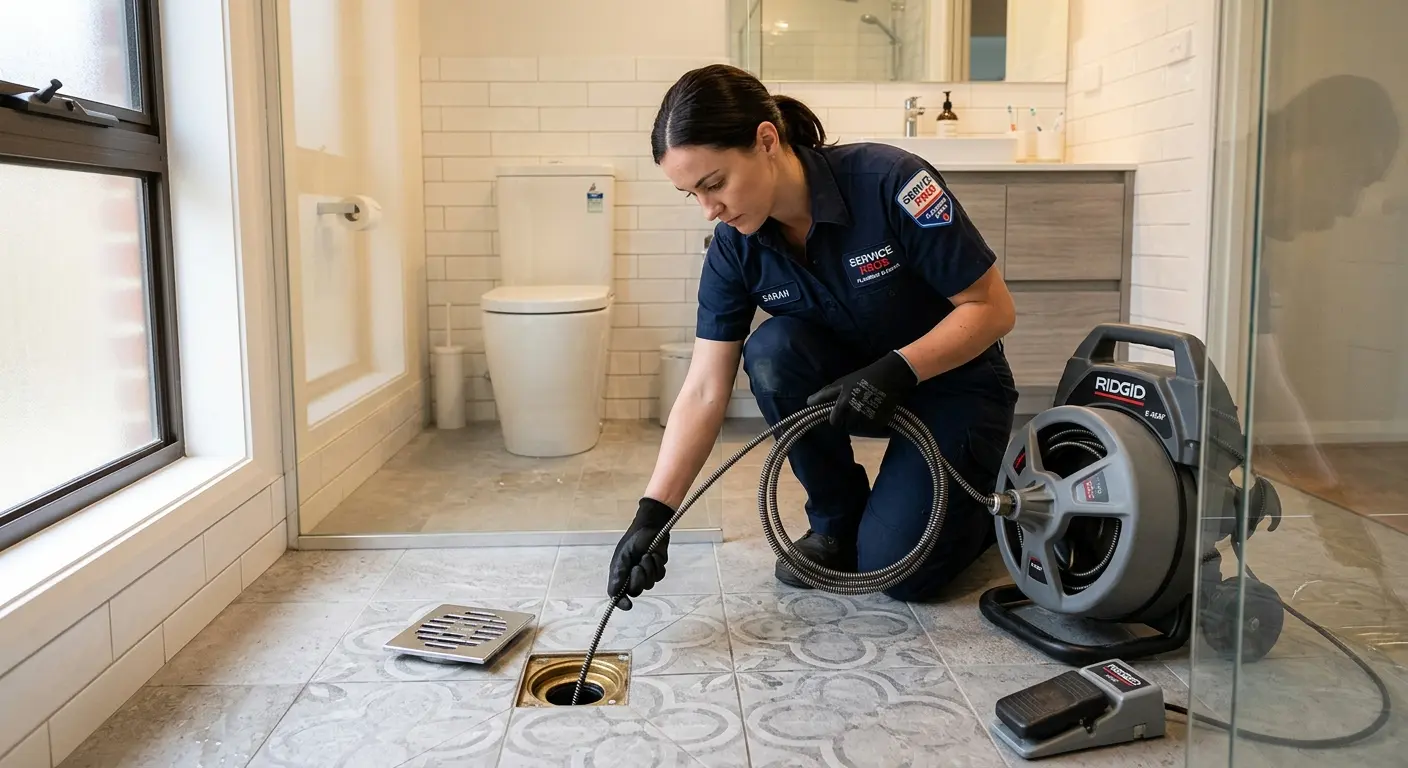 Technician clearing a bathroom floor drain for Drain Cleaning in Graham